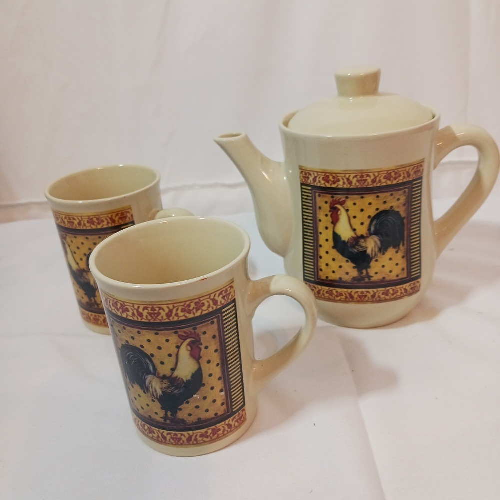 Bay Island Tea Set Cream Excellent Rooster Farmhouse Ceramic 3pc